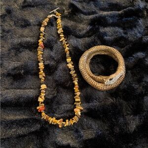 Tiger Eye Stone Bead Necklace & Brown Snake Wrap Bracelet with Rhinestone